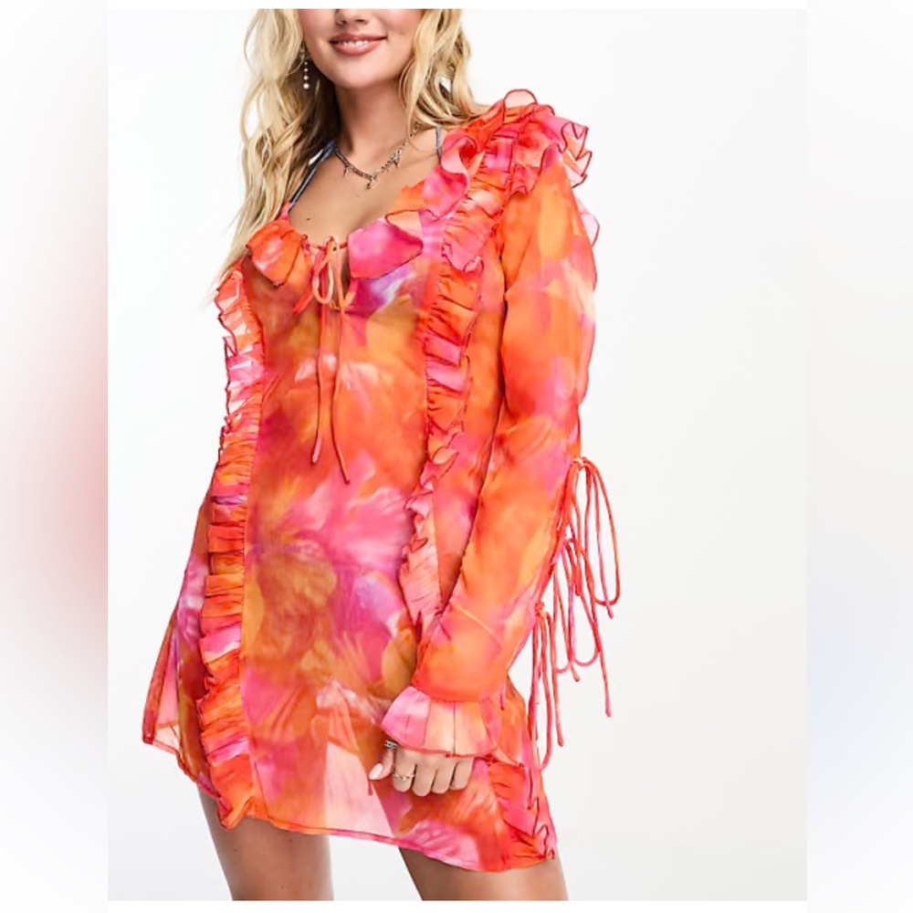 Miss Selfridge beach blurred floral frill low back chiffon mini dress